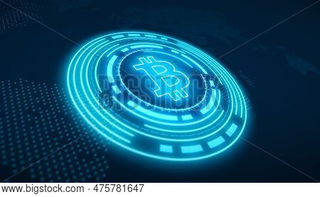 Illustation Of Bitcoin Logo In Blue With Hud On Dark Background - Digital Currency - Cryptocurrency