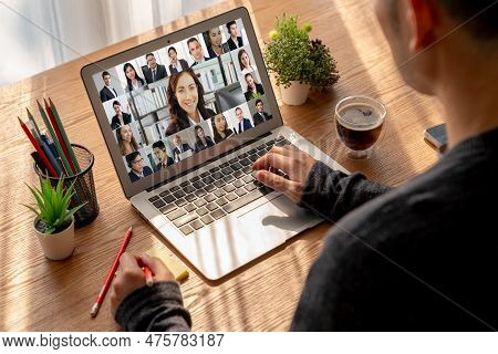 Business People On Video Conference For Modish Virtual Group Meeting Of Corprate Business Office Wor
