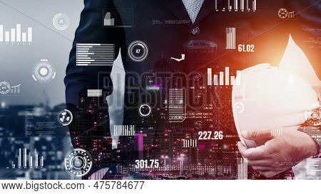 Future Building Construction And Inventive Engineering Project Concept With Hud Hologram Graphic Des