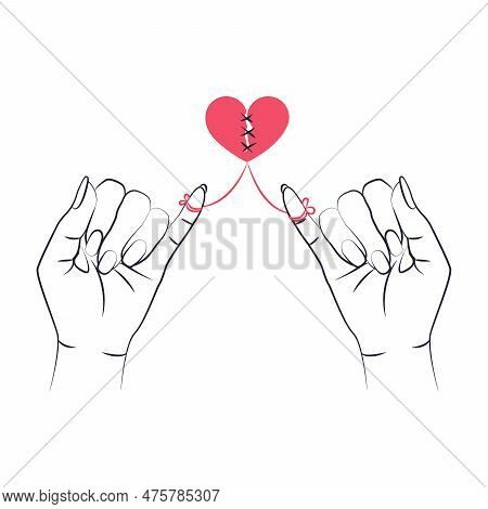 Red Broken Heart In Hands Man And Woman. Reconciliation Concept. Reconciliation Between Girls