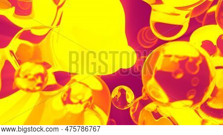Glittering Golden Yellow Pellucid Fluid Bulbs On Red Backdrop - Abstract 3d Illustration