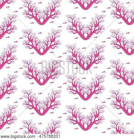 Sprig Of Red Caral In Flat Style. Seamless Pattern. Vector Illustration.