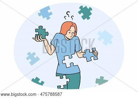 Confused Young Woman With Jigsaw Puzzles Rebuild Personality Or Identity. Frustrated Unhappy Girl Re