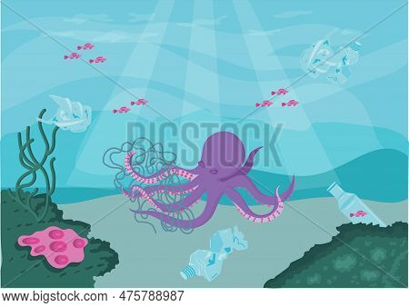 Marine Life Interact With Human Debris. The Concept Of Ocean Pollution, Environmental Problem. The O