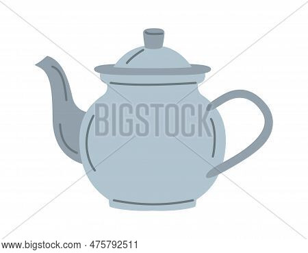 Silver Teapot Element. Kitchen Simple Kettle Sticker For Making Tea. Hand Drawn Capacity, Teakettles