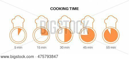 Cooking Time Concept. Countdown Timers With Chef Hat. Different Time On Watch. 5, 45 And 55 Minutes 