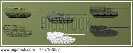 Artillery System Set. Self-propelled Howitzer. German 155 Mm Panzerhaubitze 2000. Military Armored V