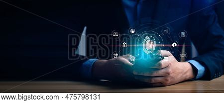 Businessman Using Fingerprint To Access Personal Financial Information, Biosecurity. Cybersecurity A