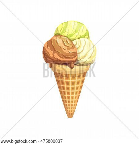 Cartoon Ice Cream Cone Scoops, Vector Sweet Food Or Cold Summer Dessert. Ice Cream Sundae With Choco