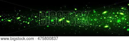 Green Fireflies Glowing On Dark Transparent Background. Vector Realistic Illustration Of Abstract Ne