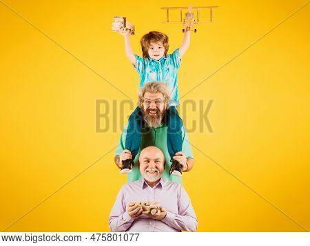 Fathers Day Concept. Three Different Generations Ages Grandfather Father And Child Son Playing With 