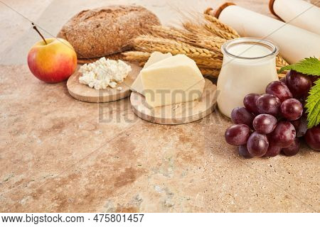 Kosher Dairy Product For Celebration Jewish Holiday Shavuot. Shavuot Background.