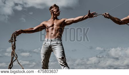 Power Men Arm. Helping Arm Of A Friends, Teamwork. Rescue, Help Gesture Or Hands. Strong Hold. Power