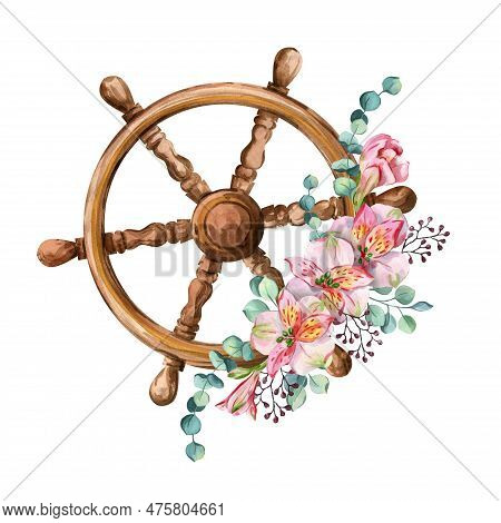 Watercolor Nautical, Nautical, Floral Illustration. Marine Elements With Flowers. Nautical Elements 