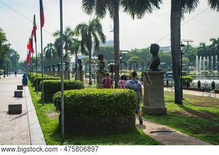 Some Of The Heroes' Busts Along The Path Around The Water Fountain At The Rizal Park In Manila, Phil