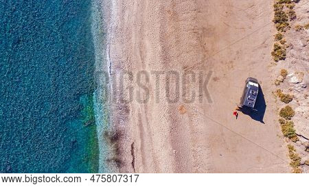 Caravan Van On Beach. Aerial View