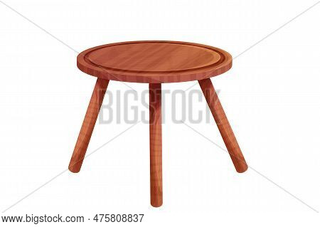 Wooden Table Round Desk Tectured In Comic Cartoon Style Isolated On White Background. Rustic Furnitu