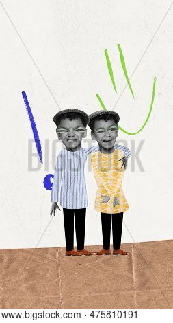 Contemporary Art Collage With Two Funny Boys, Siblings With Hands On Each Others Shoulders Over Whit