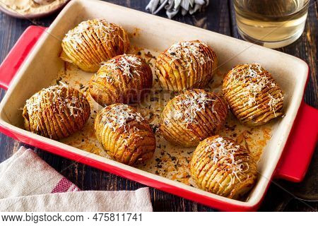 Baked Hasselback Potatoes. American Food. Vegetarian Food