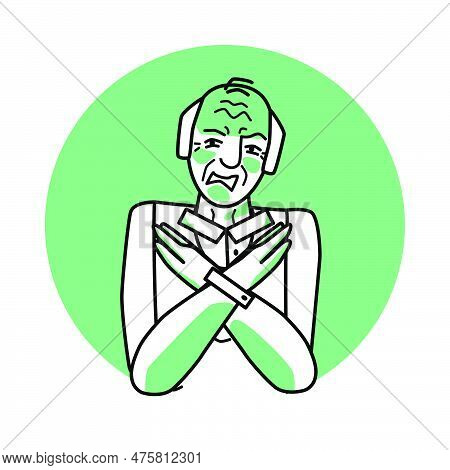 Old Man With Emotion Of Disgust, Facial Expression With Hands. Disgusted Grandfather With White Hair