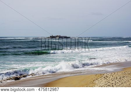 Panoramic View Of Praia De Moledo And Fortress Insua In Caminha, Portugal