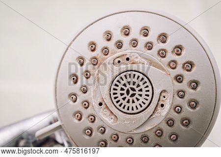 Shower Tap Covered In Rust And Calx Layer. Unsanitary Conditions In Shower Concept, Bad Quality And 