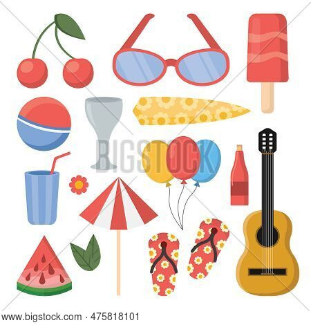 Summer Set. Beach Items, Summer Vacation. Sunglasses, Ball, Surfboard, Champagne, Guitar, Umbrella, 