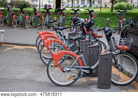 Lyon , Aura France - 05 01 2023 : Lyon Town Bike Rent Urban Self Access Service Bicycle In City Stre