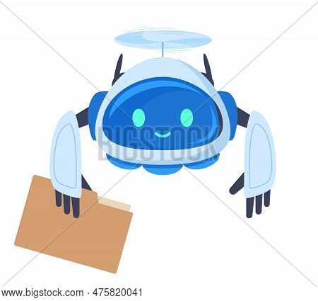Cartoon Aerial Drone. Flying Robot Quadcopter Carrying Letter Isolated Flat Vector Illustration On W