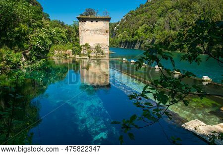 The Roman Port Of Ancient Narnia (narni), In Stifone, In The Canyons Of The Nera River. The Blue Sky