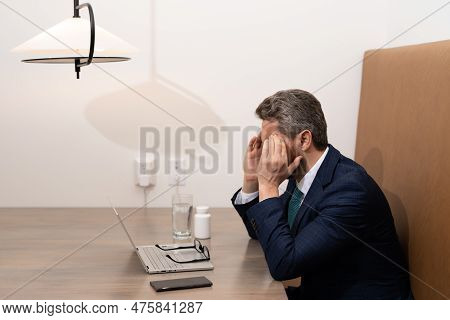 Head Pain Medicines Pills Concept. Headache And Migraine. Man With Sinus Headache, Tension Or Cluste