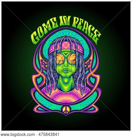 Hippies Alien Come In Peace With Art Nouveau Frame Illustrations Vector For Your Work Logo, Merchand