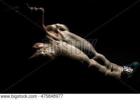 Chest Muscles. Muscular Shirtless Manked Man Model Showing Strong Shoulders, Bare Chest. Gay Sexy Mo