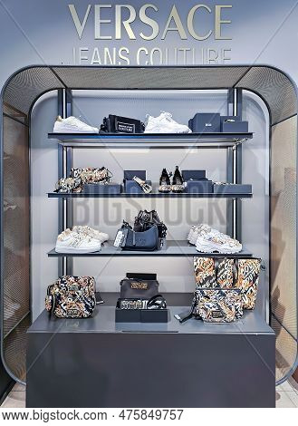 Latvia, Riga, April, 2023 - Versace Expensive Fashion Brand Display In Stockmann Shopping Mall. Riga