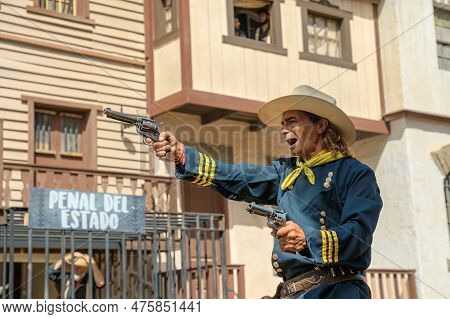 Sioux City Park, Gran Canaria - April 2023: The Actors Of Sioux City Park Play The Roles Of Cowboys,
