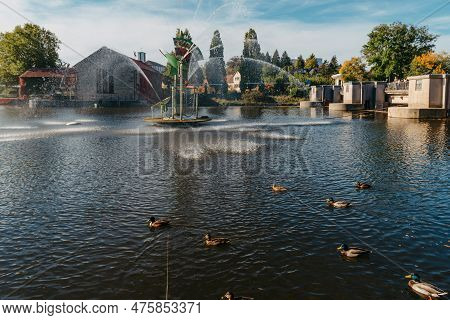 City Fountain In Old European City Bietigheim-bissingen In Germany. The City Park Of Bietigheim-biss