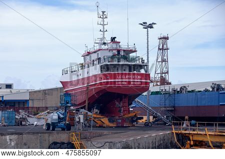 Le Port, Reunion Island - March 08 2017: Le Clipperton Is A Fishing Boat Actually In Dry Dock For Re