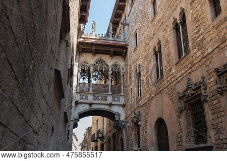 El Pont Del Bisbe - Bridge Of Bishop In The Gothic Neighborhood Of Barcelona, Spain.