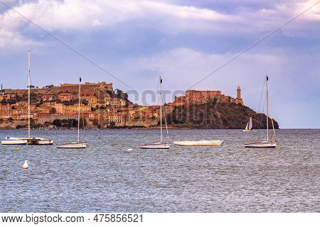 View From Magazzini Beach To The Skyline Of Portoferraio, Elba Island, Italy