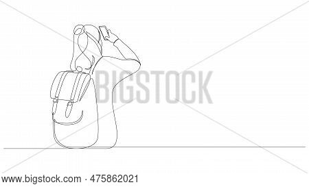 Back View Of Woman Tourist With A Backpack Take A Photo By Smartphone Continuous Line Drawing. Trave