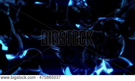 Electrical Blue Glowing Transpicuous Film Meta Spheres On Black - Abstract 3d Illustration