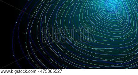 Chaotic Interweaving Of Lines And Dots On A Dark Green Background. Technological Background For Desi