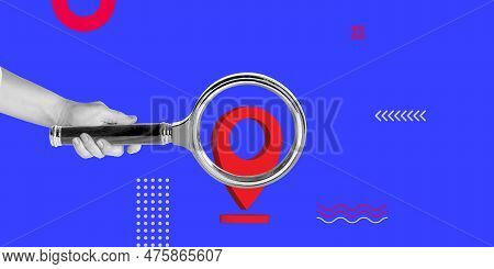 Geolocation Search, Routers. A Hand With A Magnifying Glass And A Geolocation Sign. Minimalist Art C