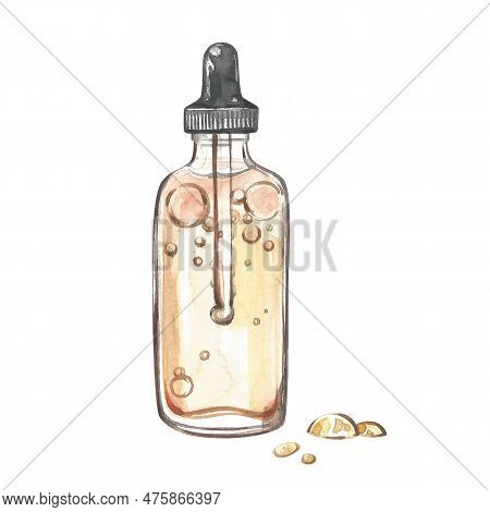 Bottle Cosmetic Oil With Drops Facecare Isolated On White Background. Watercolor Hand Drawn Illustra