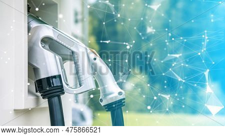Charging Station For Electric Cars. Types And Connectors Of Ports For Charging Vehicles.