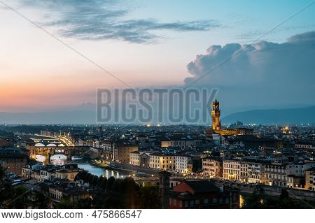 Top View Of The Old Palace In Florence Town Hall Tower By Architect Arnolfo Di Cambio In A Warm Summ