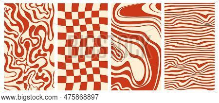 Groovy Hippie 70s Vector Backgrounds Set. Chessboard And Twisted Patterns. Backgrounds In Trendy Ret