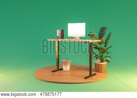 Isolated Computer Workspace On Wooden Podium With Standing Desk; Freelance And Home Office Concept; 
