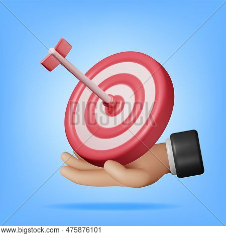 3d Target With Arrow In Center Icon In Hand Isolated. Render Dartboard With Arrow. Goal Setting. Sma