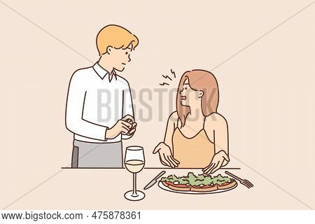 Restaurant Visitor Woman Complains About Quality Food And Taste Of Served Dish To Waiter Standing Ne